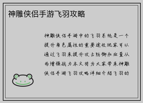 神雕侠侣手游飞羽攻略